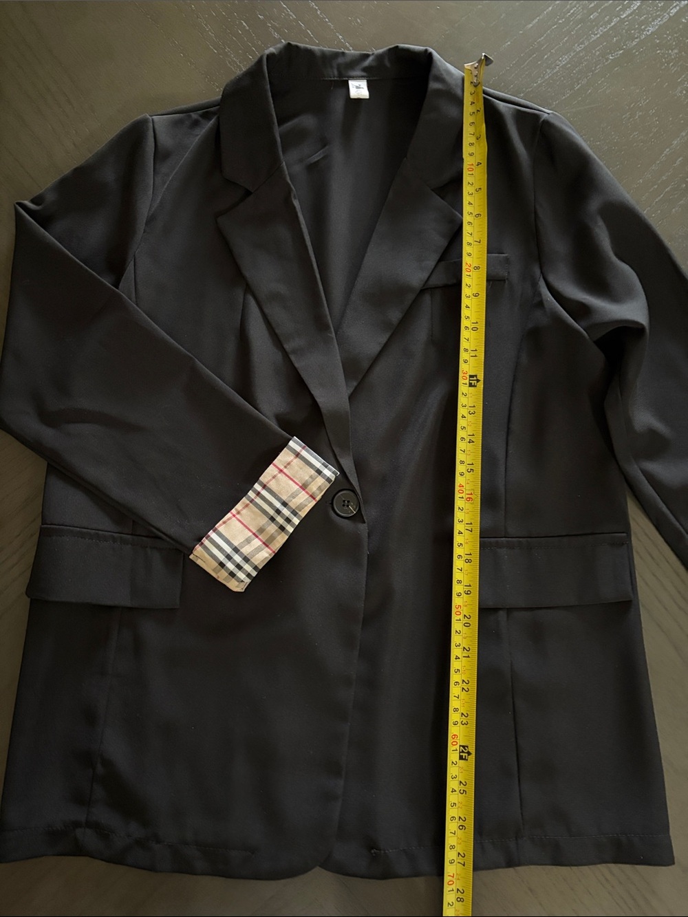 Black Double-Breasted Blazer with Plaid Cuff Trim - Picture 11 of 16